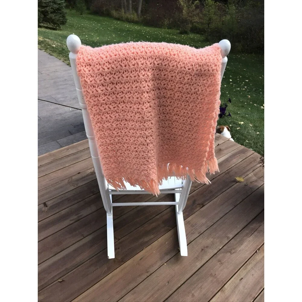 Vintage Handmade Crochet Blanket Afghan 40x63” Peach Fringe EUC